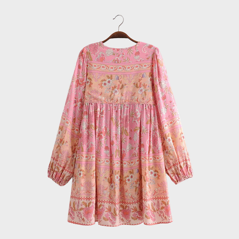 Boho Mini Tunic Dress in Vintage Pink Rose