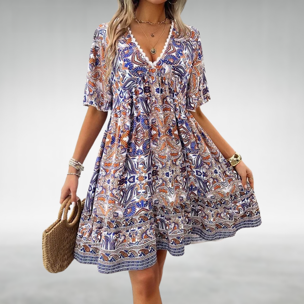 Boho Print V-Neck Mini Dress for Women – Tahlia