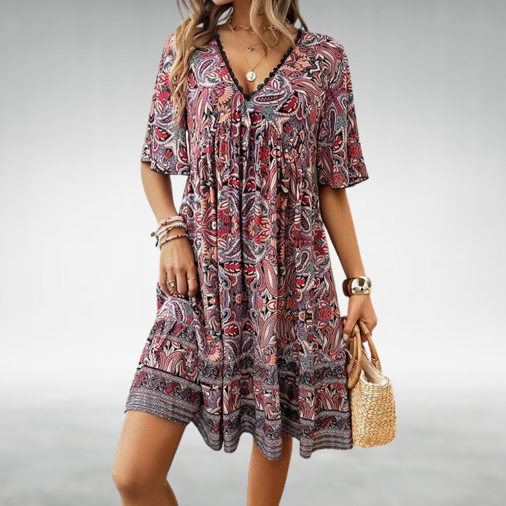 Boho Print V-Neck Mini Dress for Women – Tahlia