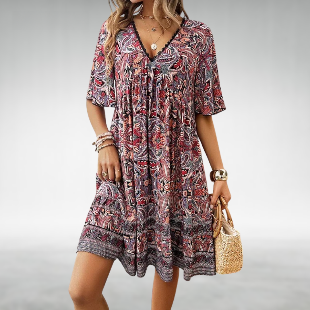 Boho Print V-Neck Mini Dress for Women – Tahlia