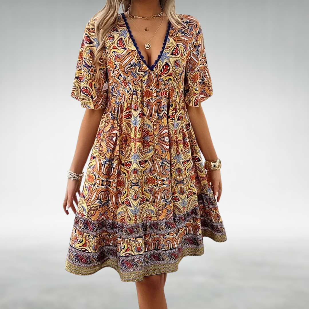 Boho Print V-Neck Mini Dress for Women – Tahlia