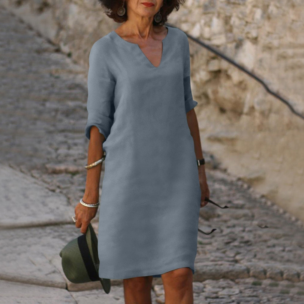 Women's V-Neck Linen Summer Midi Dress
