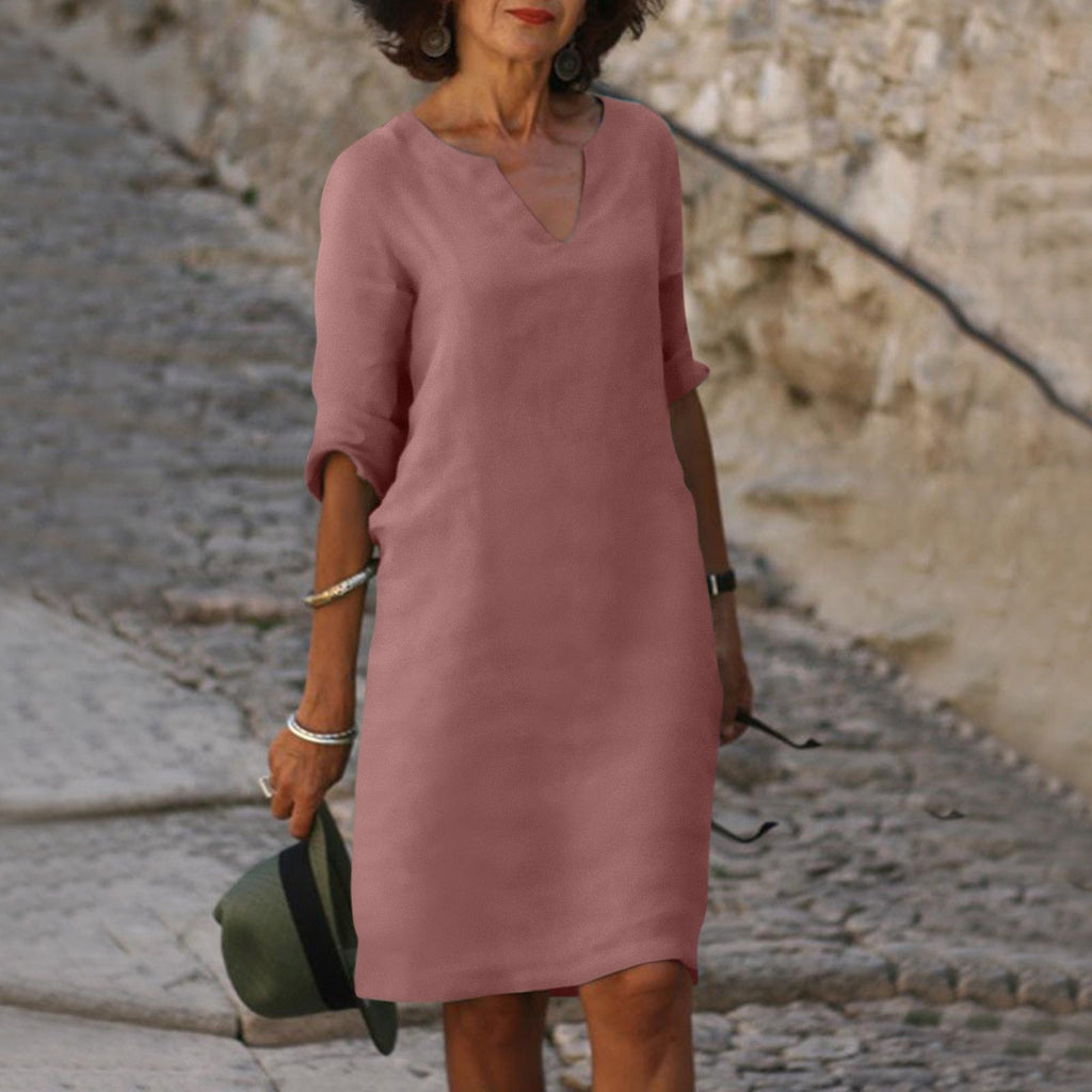 Women's V-Neck Linen Summer Midi Dress